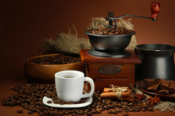 cup of coffee, grinder, turk and coffee beans