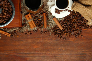 Coffee beans, metal turk and coffee mill