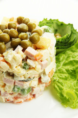 Russian traditional salad Olivier, close-up