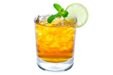 glass of ice tea with lemon on white background