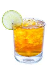 glass of ice tea with lemon on white background