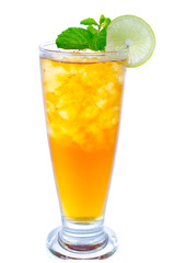 glass of ice tea with lemon on white background