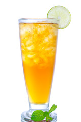 glass of ice tea with lemon on white background