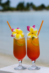 Tropical cocktails served outdoor in Aitutaki Lagoon Cook Island