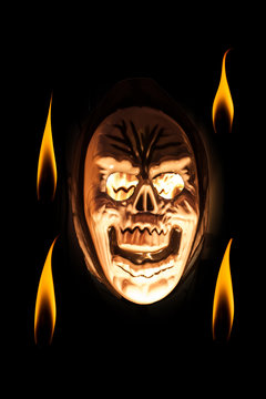 Devil mask with fire around it.