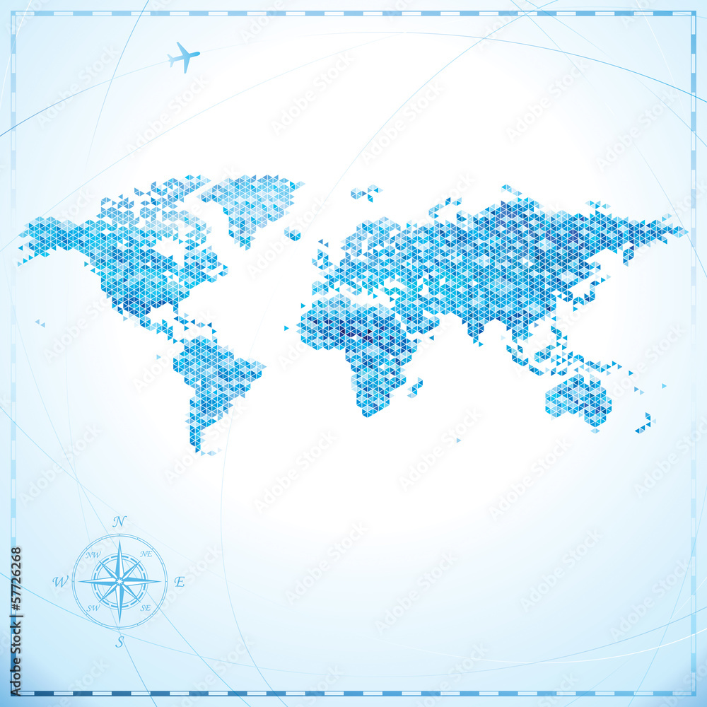 Poster geometric pixel shape world map background.