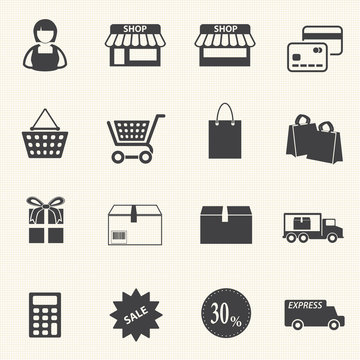 Shopping mall and delivery icons set on texture background
