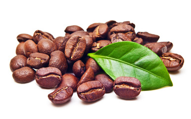 Black coffee beans, grain with leaf on white background.