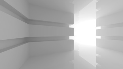 Abstract white empty room interior with glowing doorway