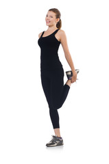 Young woman doing exercises on white