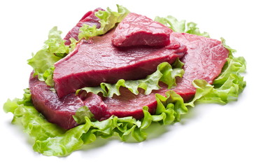 Raw meat on lettuce leaves.