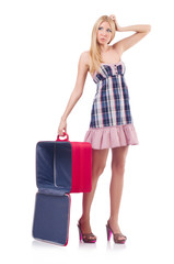 Woman preparing for vacation with suitcase on white
