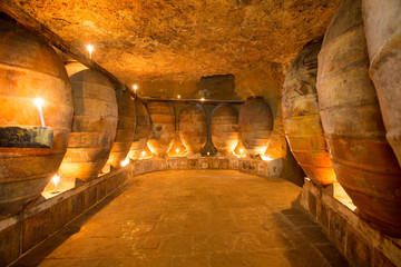 Antique winery in Spain with clay amphora pots - obrazy, fototapety, plakaty