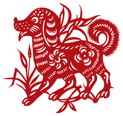 Jianzhi red stylized decorative dog on a background of grass