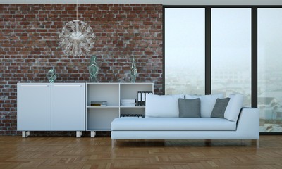 modernes Sofa vor Klinkerwand