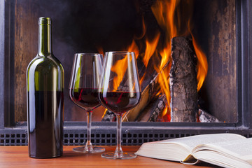 drinks at fireplace on winter evening
