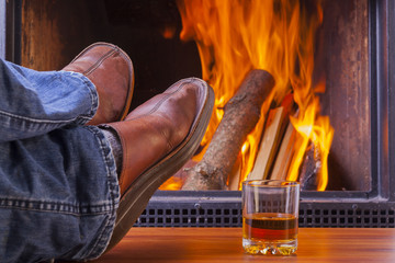 drinks at fireplace on winter evening