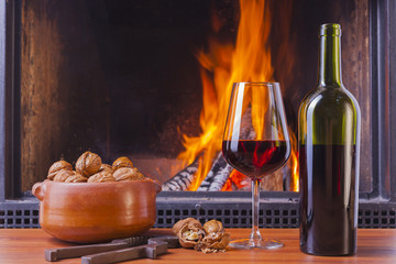 drinks at fireplace on winter evening