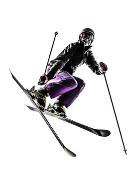 one woman skier freestyler  jumping silhouette