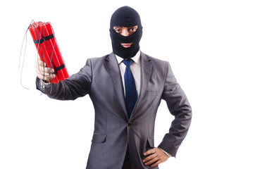 Terrorist with dynamite isolated on white