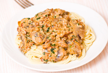 spaghetti with mushroom and minced meat