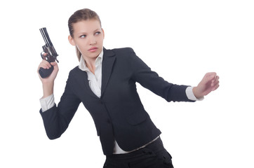 Woman businesswoman with gun on white