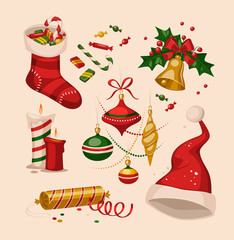 Christmas decoration objects. Vector illustration.