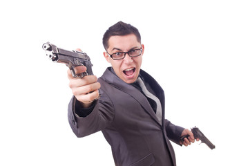 Funny businessman with gun on white