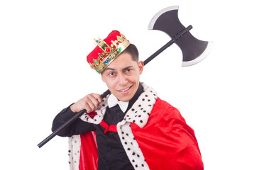 Funny king with axe isolated on white