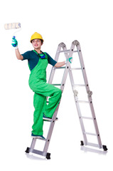 Woman painter with paintbrush on white