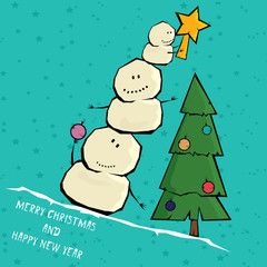 Vector comic cartoon merry christmas illustration with snowman