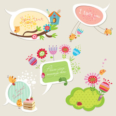 Speech bubbles set with funny birds and flowers