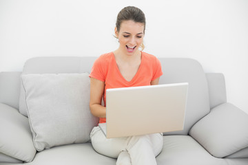 Gorgeous cheering woman working with her notebook sitting on cou