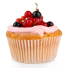 Tasty muffin with berries isolated on white