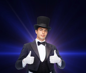 magician in top hat showing thumbs up