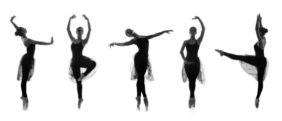 Set of different ballet poses. Black and white traces on white © Acronym