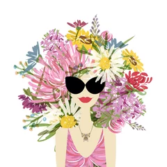 Poster Vrouwelijk portret met bloemenkapsel voor uw ontwerp © Kudryashka