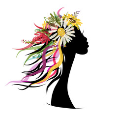 Vrouwelijk portret met bloemenkapsel voor uw ontwerp