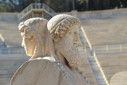 Marble statue with 2 persons Kalimarmaro Stadium Athens Greece