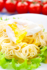 Delicious spaghetti with tomato and poached egg