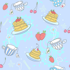 Colorful pattern with pancakes, tea cups, cherry and strawberry