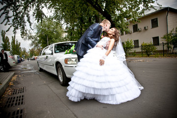 Newly married couple kissing on road in front of car