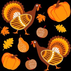 Fall thanksgiving seamless background with turkey, pumpkin