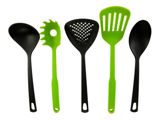 Plastic kitchen utensils isolated on white