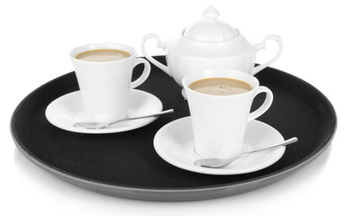Cups of coffee on tray isolated on white