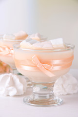Tasty yogurt with marshmallows, close up