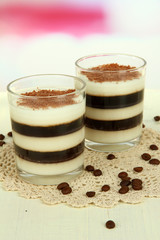 Tasty jelly coffee with milk on table on light background