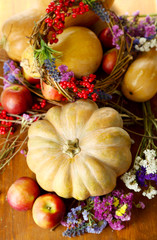 Naklejka na ściany i meble Autumn composition of apples, pumpkins, flowers and dry