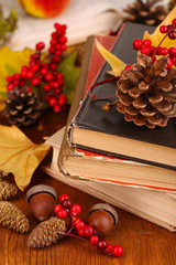 Books and autumn leaves on wooden table close-up