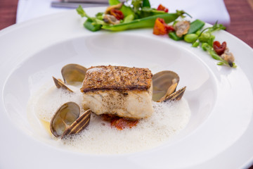 Parrot fish with sweet tomatoes green peas food in Italian style